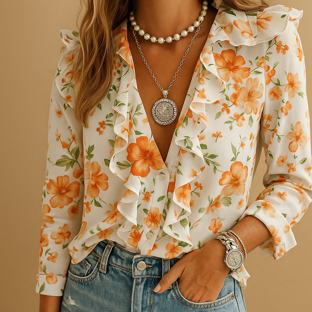 Blusa da donna con maniche lunghe, volant e stampa di farfalle – ideale per l’ufficio, il tempo libero o le occasioni formali.