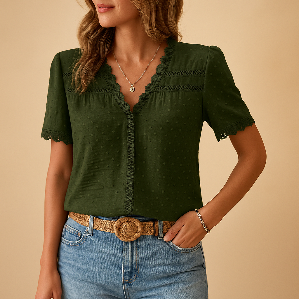 Blusa elegante in pizzo per donna con scollo a V, disponibile in sei colori – perfetta per il lavoro o per eventi speciali.