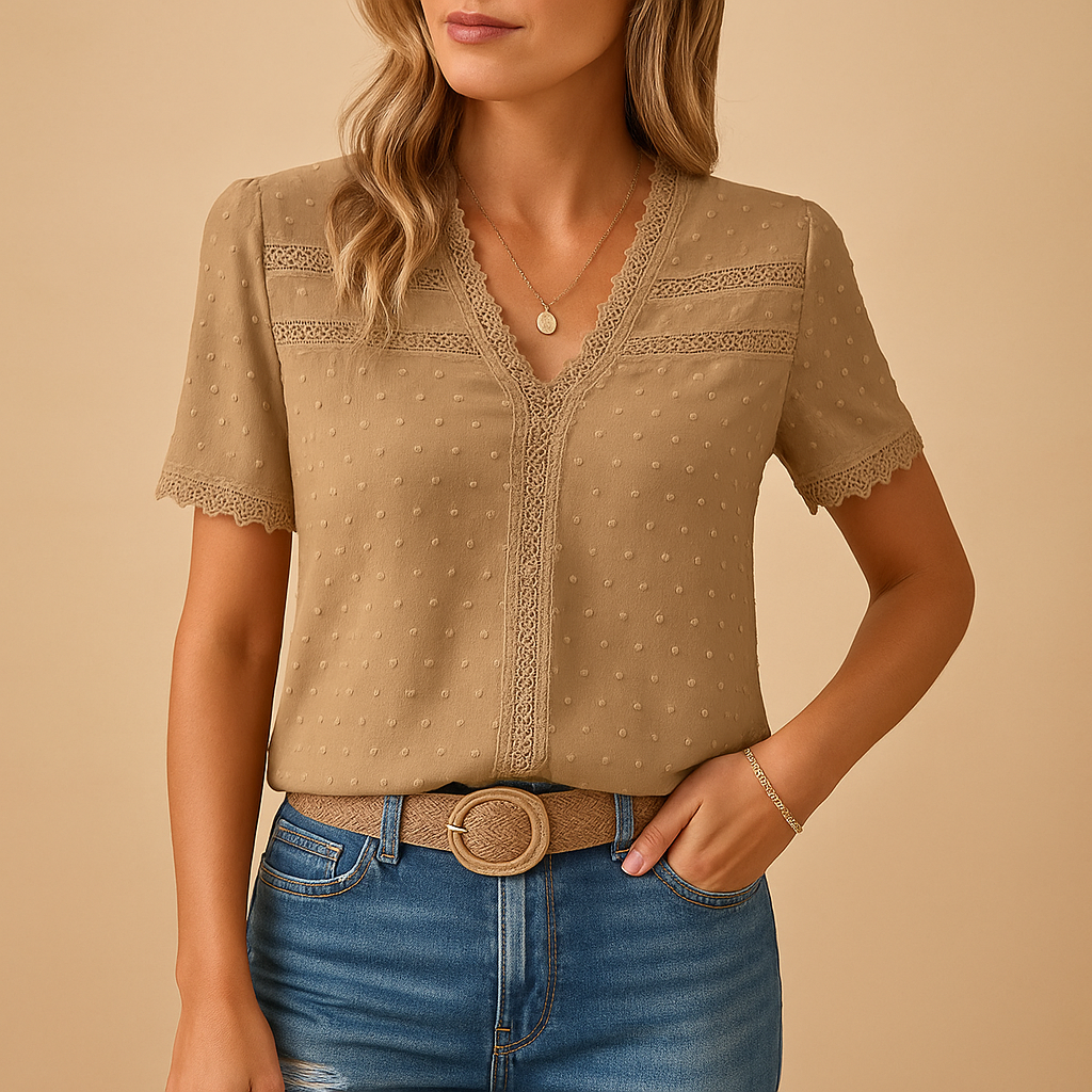 Blusa elegante in pizzo per donna con scollo a V, disponibile in sei colori – perfetta per il lavoro o per eventi speciali.