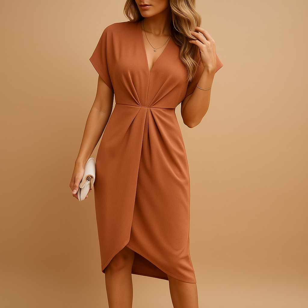 Abito midi a portafoglio per donna con design elegante e linea versatile, ideale per riunioni, eventi o uscite serali.