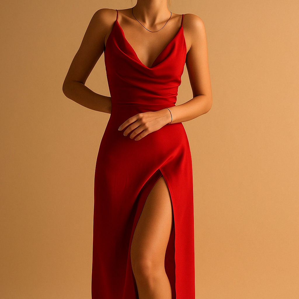 Abito lungo elegante da donna con scollo a V e taglio fluido, ideale per matrimoni, gala e occasioni formali con stile.