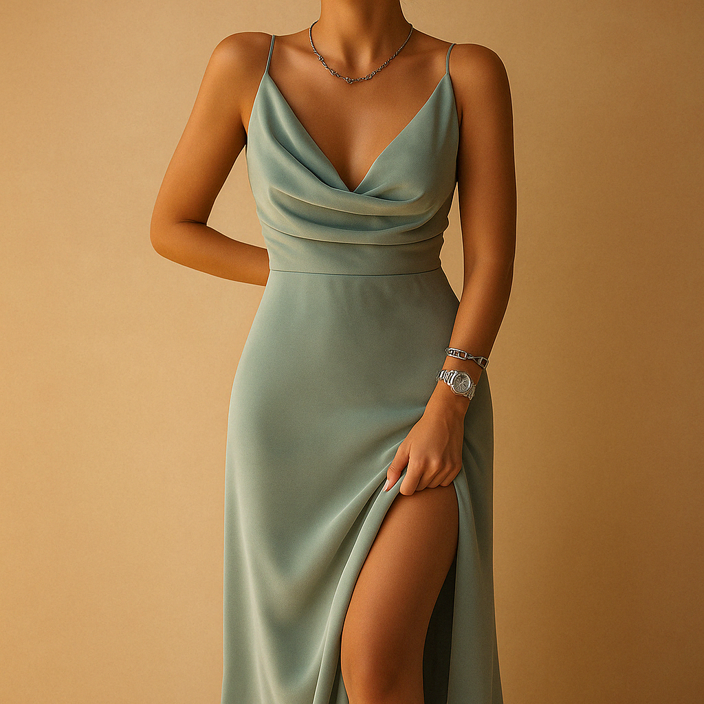 Abito lungo elegante da donna con scollo a V e taglio fluido, ideale per matrimoni, gala e occasioni formali con stile.