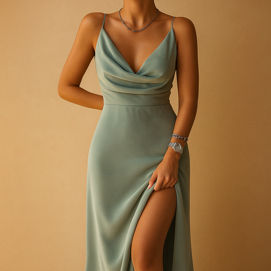 Abito lungo elegante da donna con scollo a V e taglio fluido, ideale per matrimoni, gala e occasioni formali con stile.