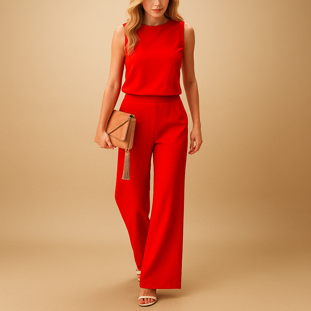 Tuta elegante da donna a gamba larga con girocollo, perfetta per lavoro, eventi o serate in rosa, rosso, blu o nero.