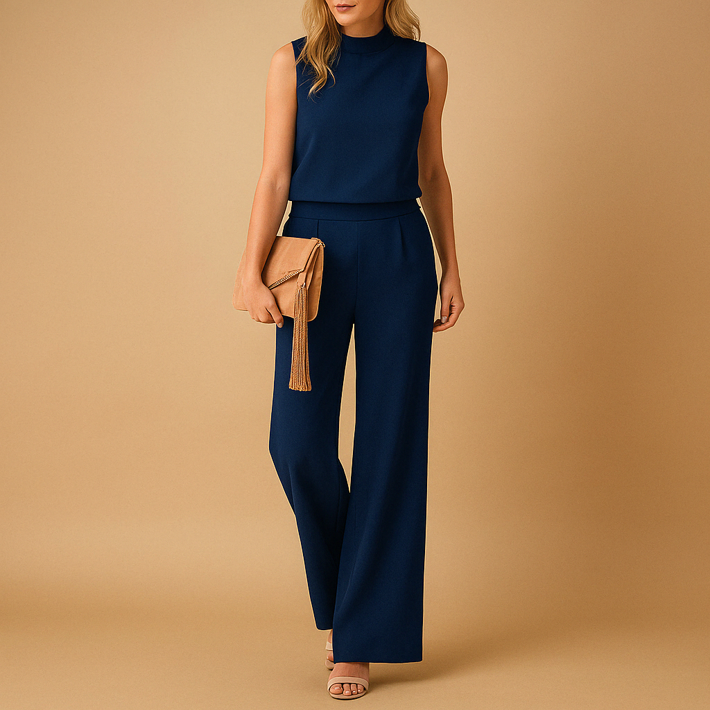 Tuta elegante da donna a gamba larga con girocollo, perfetta per lavoro, eventi o serate in rosa, rosso, blu o nero.