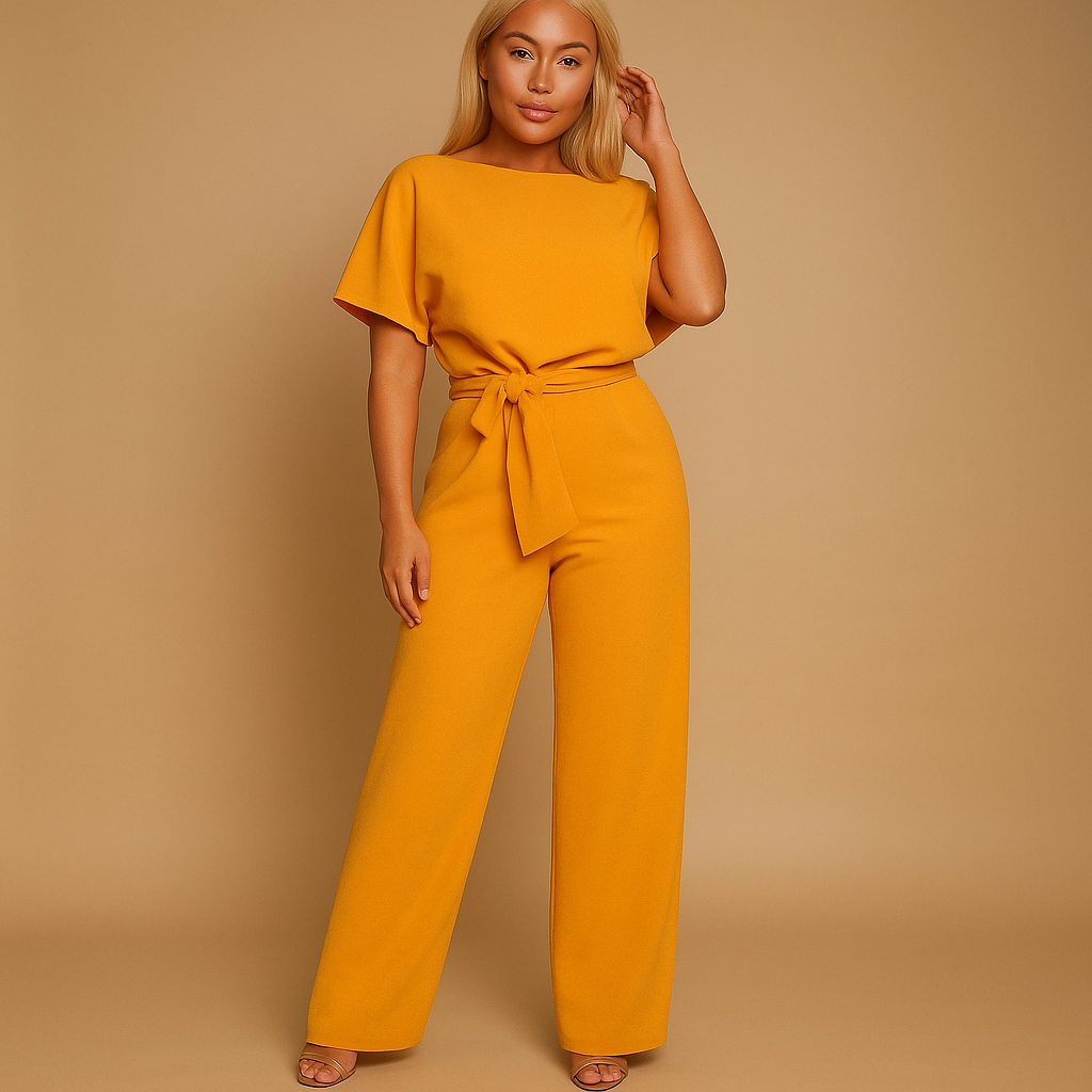 Jumpsuit elegante a vita alta con dettaglio in pizzo per donna, perfetta per lavoro, uscite serali o look casual chic.