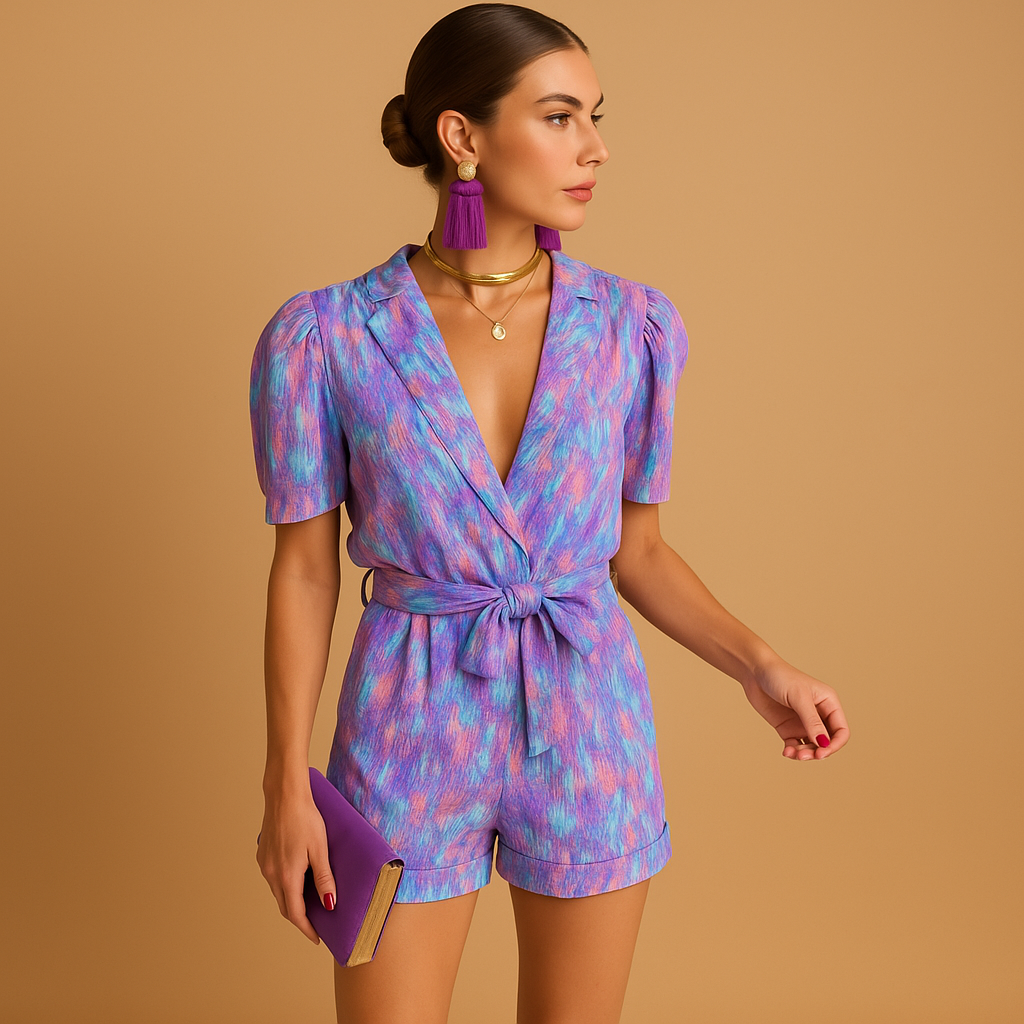 Tuta corta estiva per donna con stampa vivace e cintura in vita, ideale per giornate calde e occasioni estive casual o chic.