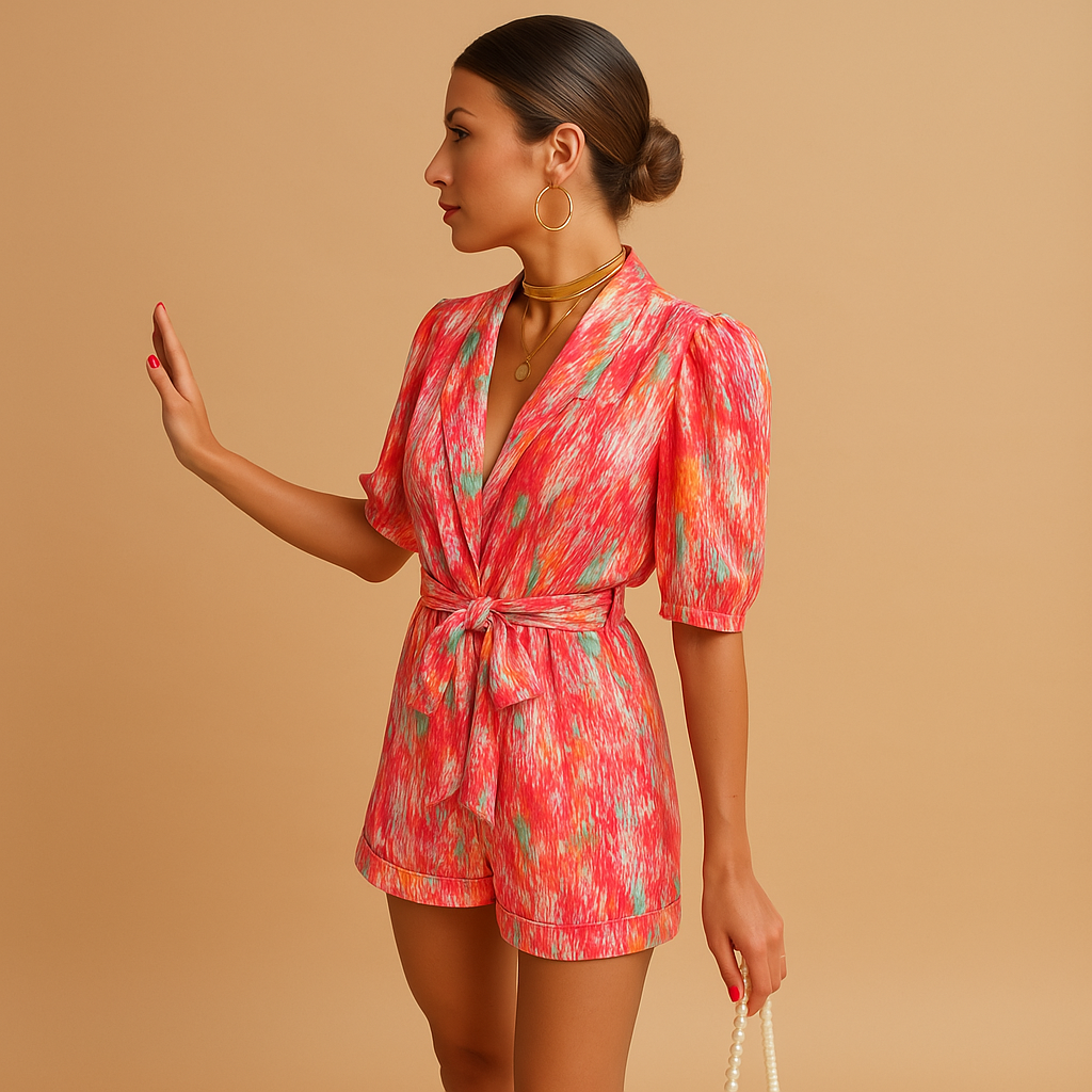 Tuta corta estiva per donna con stampa vivace e cintura in vita, ideale per giornate calde e occasioni estive casual o chic.