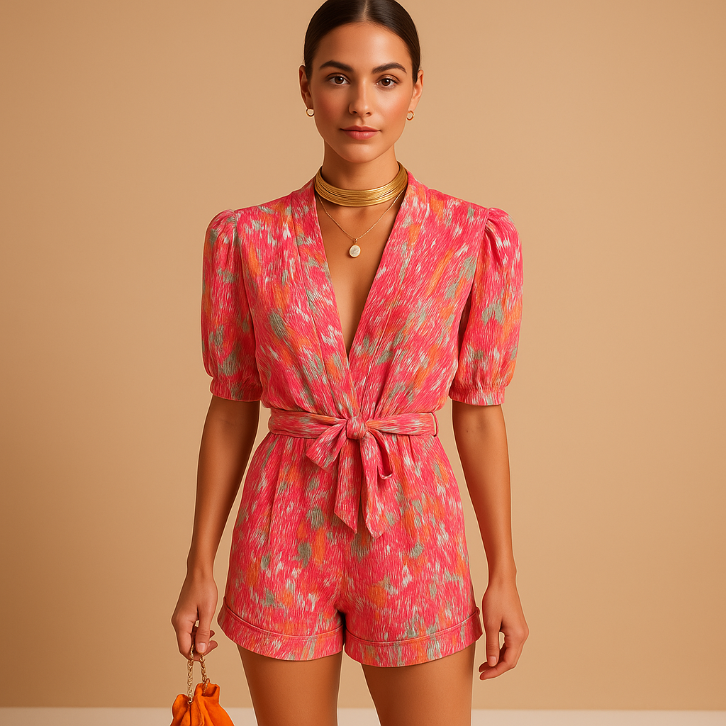 Tuta corta estiva per donna con stampa vivace e cintura in vita, ideale per giornate calde e occasioni estive casual o chic.