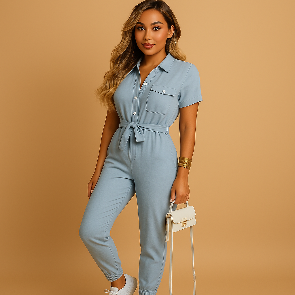 Tuta sartoriale aderente da donna con chiusura a bottoni, perfetta per l’ufficio, brunch o uscite eleganti in primavera e autunno.