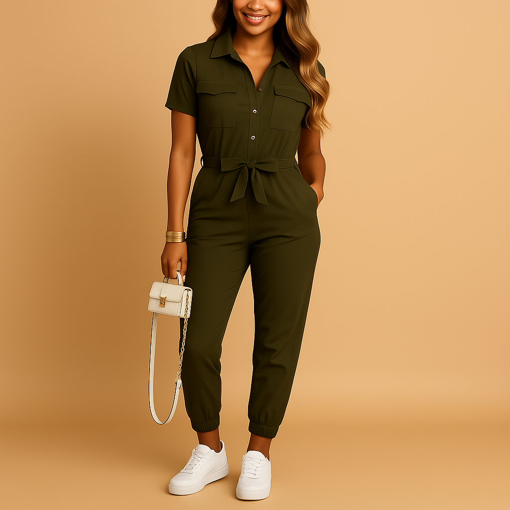 Tuta sartoriale aderente da donna con chiusura a bottoni, perfetta per l’ufficio, brunch o uscite eleganti in primavera e autunno.