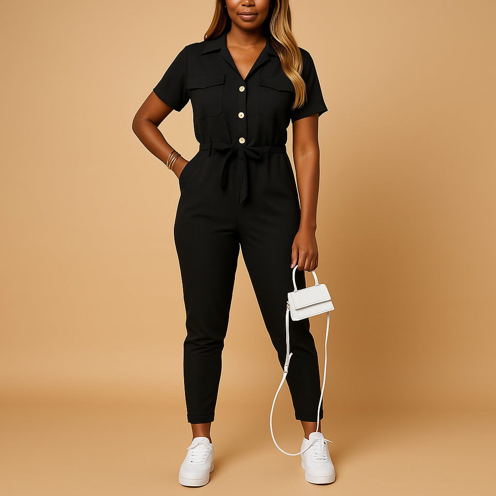 Tuta sartoriale aderente da donna con chiusura a bottoni, perfetta per l’ufficio, brunch o uscite eleganti in primavera e autunno.
