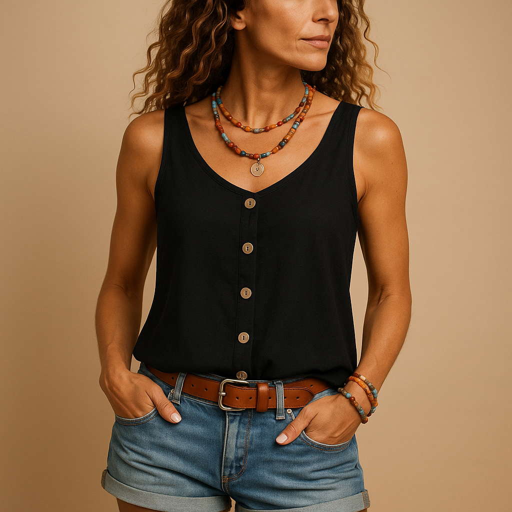 Top estivo senza maniche con scollo a V per donna, perfetto per look casual e giornate calde.