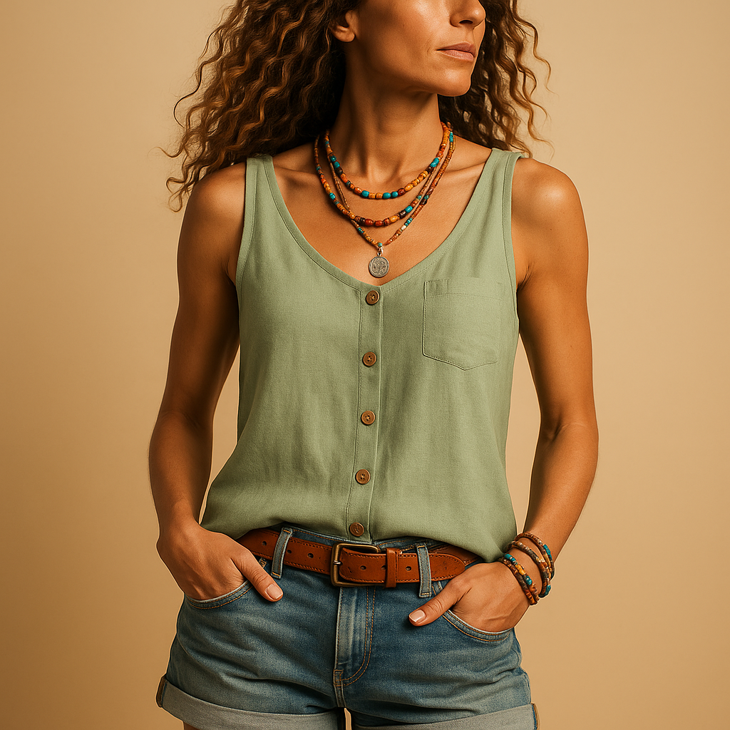 Top estivo senza maniche con scollo a V per donna, perfetto per look casual e giornate calde.