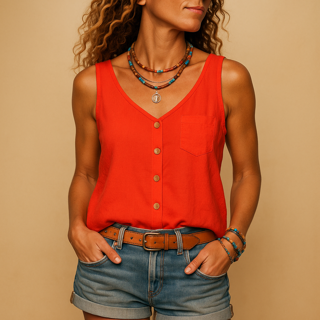 Top estivo senza maniche con scollo a V per donna, perfetto per look casual e giornate calde.