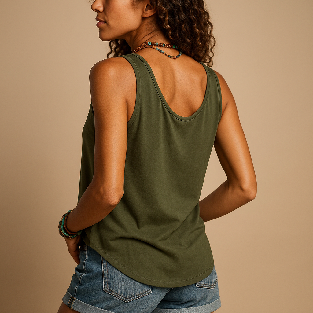 Top estivo senza maniche con scollo a V per donna, perfetto per look casual e giornate calde.