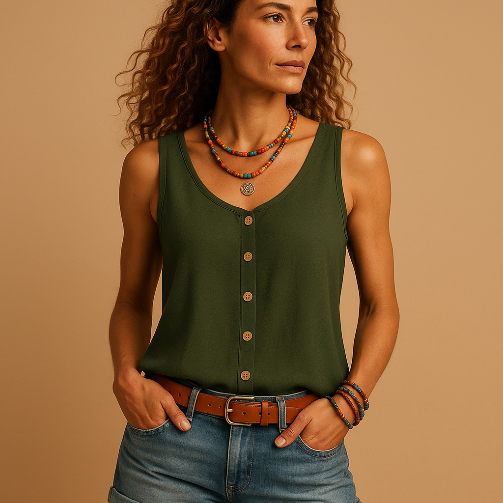 Top estivo senza maniche con scollo a V per donna, perfetto per look casual e giornate calde.
