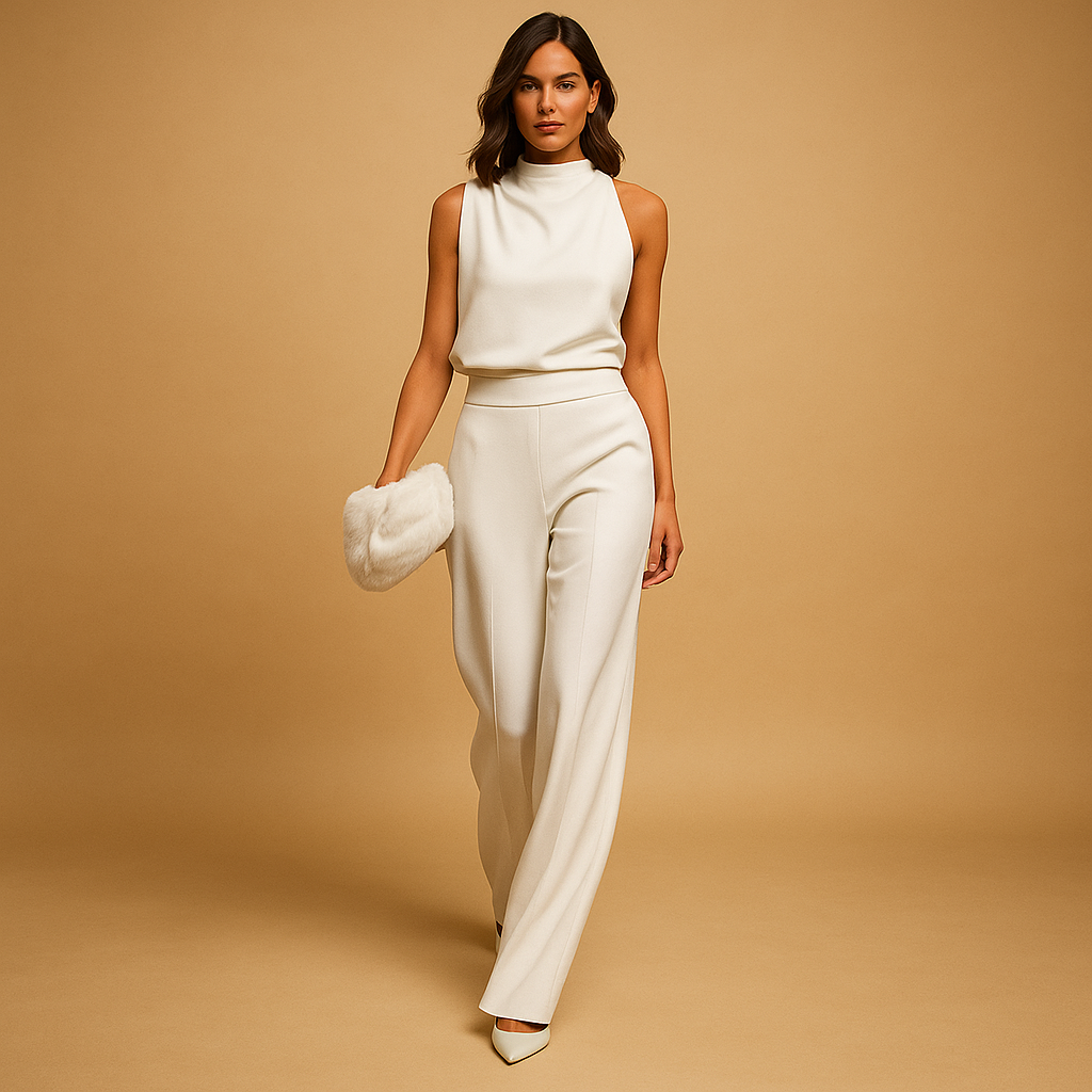 Tuta elegante da donna con scollo all’americana, gamba larga e fiocco decorativo, perfetta per eventi stagionali e serate raffinate.