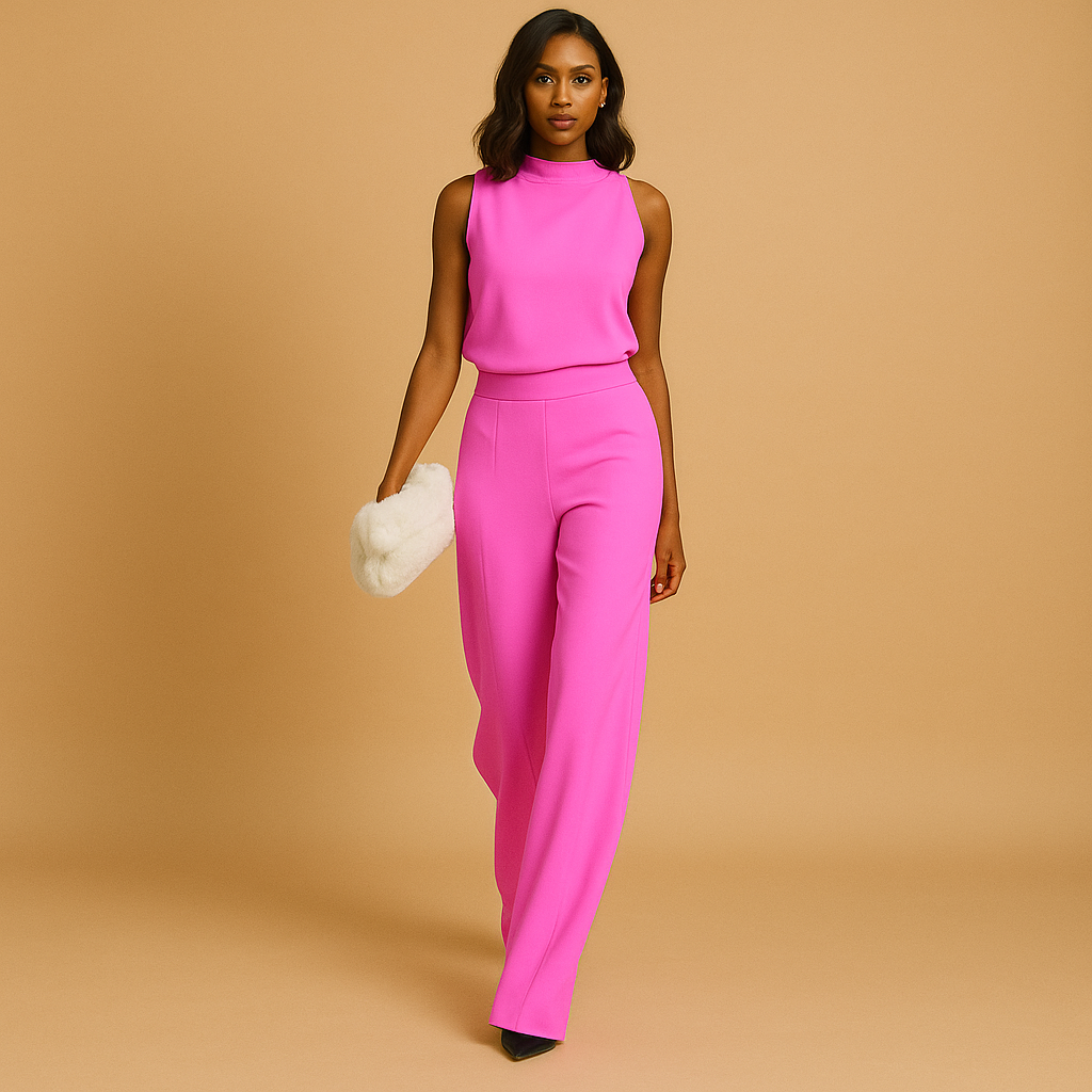 Tuta elegante da donna con scollo all’americana, gamba larga e fiocco decorativo, perfetta per eventi stagionali e serate raffinate.