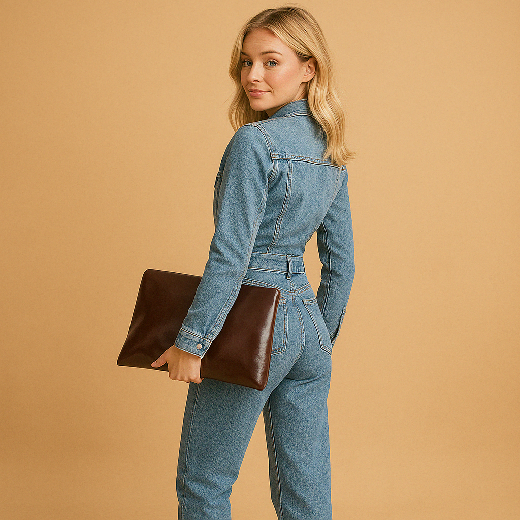 Donna che indossa una tuta in denim blu con maniche lunghe e pantaloni dritti, perfetta per uno stile casual quotidiano.